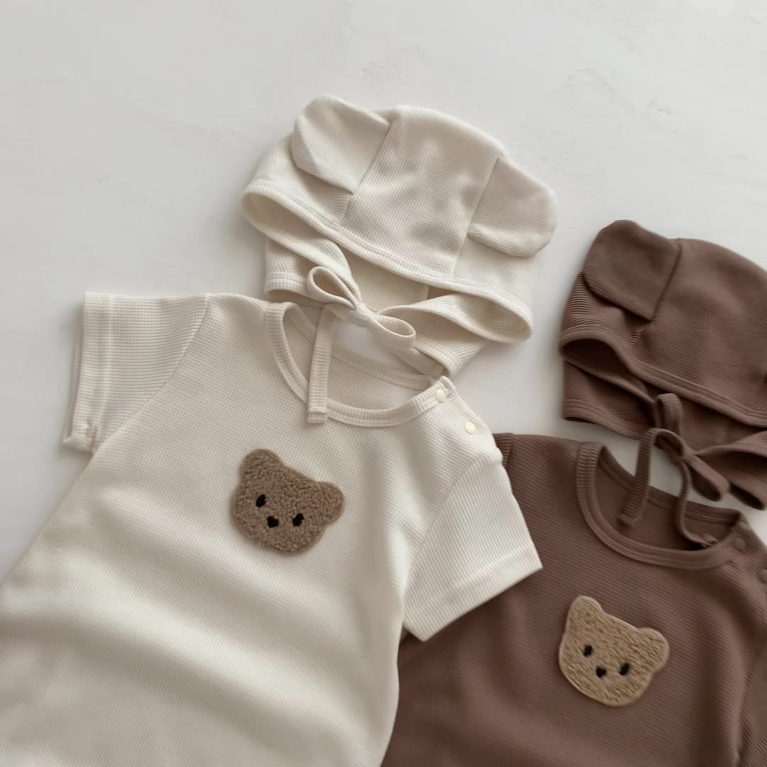 Baby Summer Romper Bear Waffle One-Piece Jumpsuit — Light, Cozy & Adorably Playful