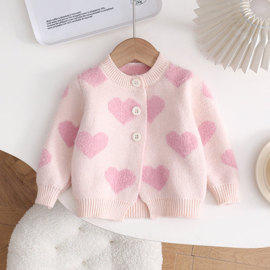 Baby Heart Print Soft-Knit Cardigan Set