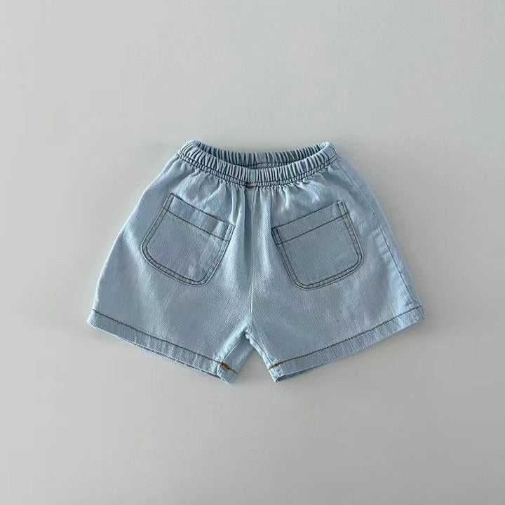 Toddler light blue elastic waist cotton shorts with two back pockets on gray background