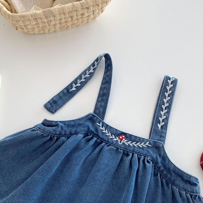 Valentina Embroidered Girls Top and Dress Set cotton top and a denim dress, very elegant with a collar