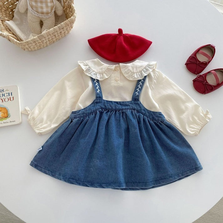 Valentina Embroidered Girls Top and Dress Set cotton top and a denim dress, very elegant with a collar
