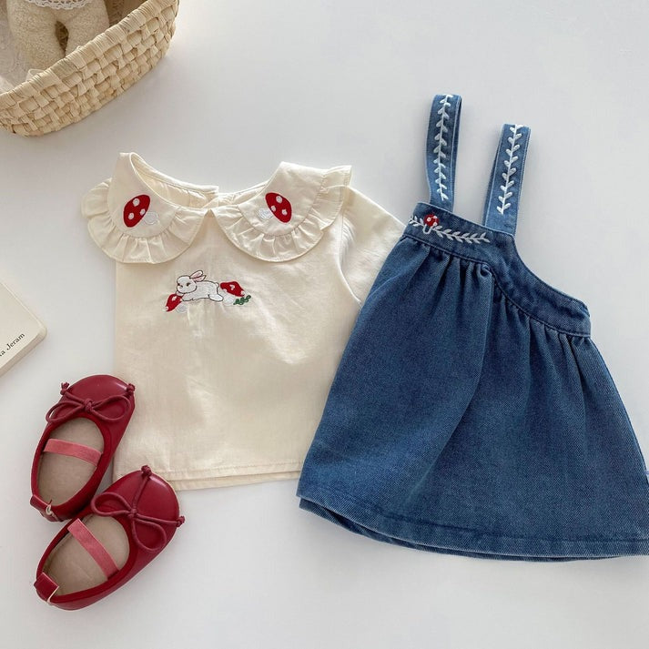 Valentina Embroidered Girls Top and Dress Set cotton top and a denim dress, very elegant with a collar