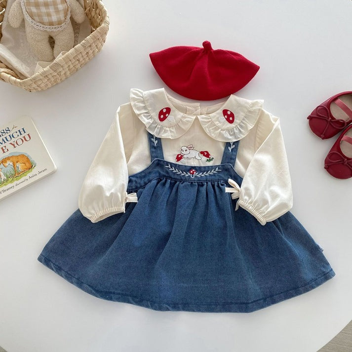 Valentina Embroidered Girls Top and Dress Set cotton top and a denim dress, very elegant with a collar