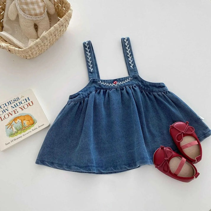Valentina Embroidered Girls Top and Dress Set cotton top and a denim dress, very elegant with a collar