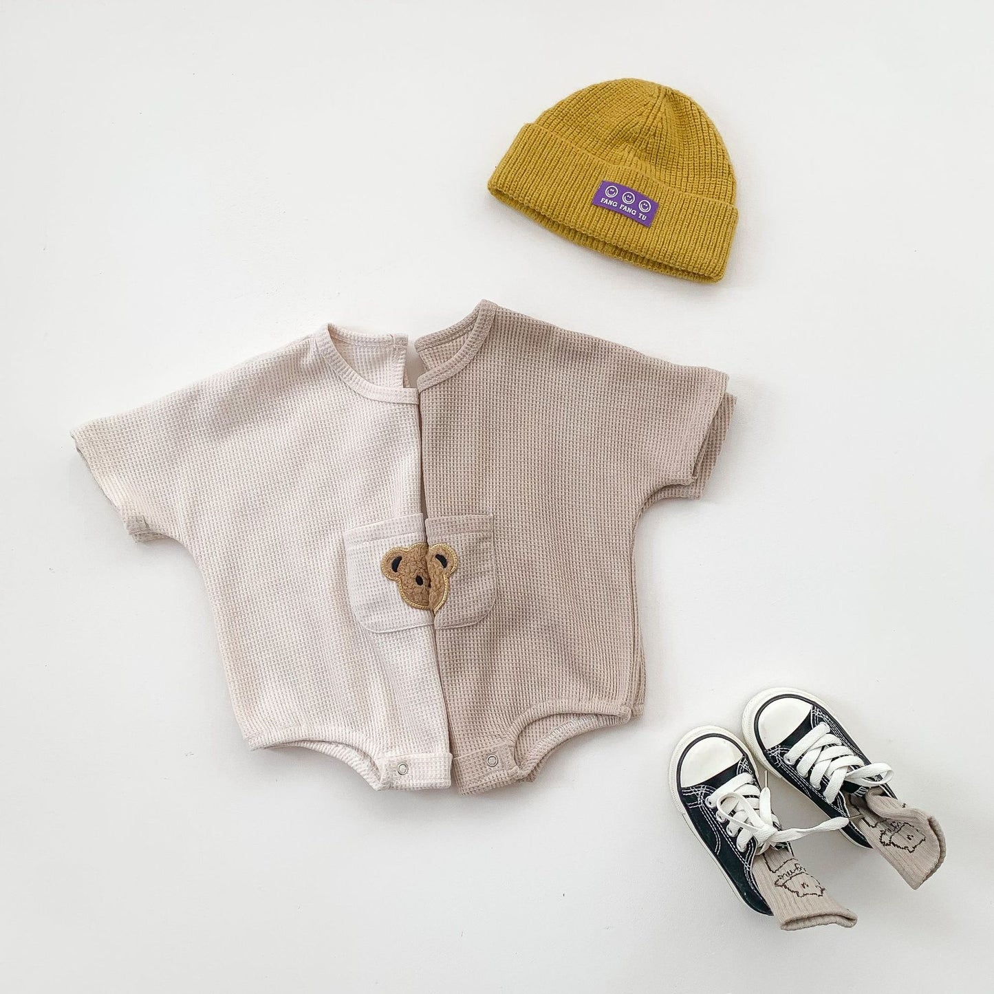 Waffle Infant One-Piece Boys Bear Bodysuit Short Sleeve Romper — Soft, Snuggly & Playful