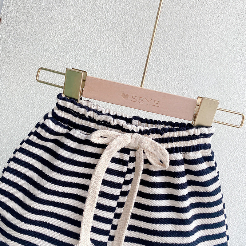 Girls Bow Accent Top & Striped Shorts Cotton Set