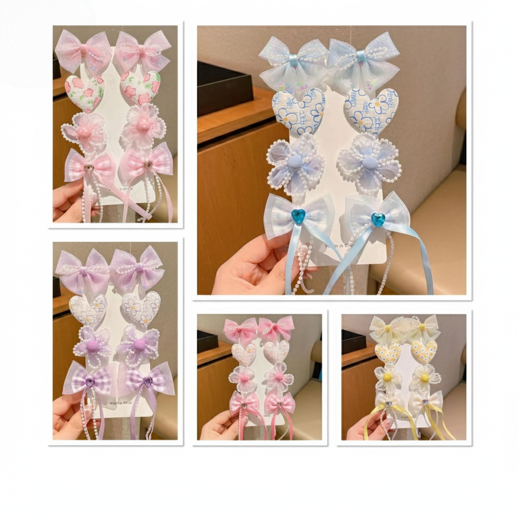 Cute Heart & Bow Hair Clips Set Colorful Hair Accessories for Girls