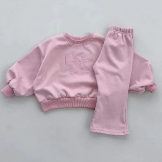 Girls Spring Bowknot Sweater & Bell-Bottom Pants 2-Piece Set