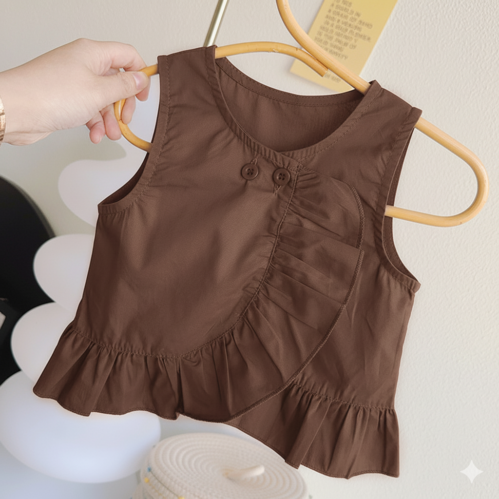 Toddler brown sleeveless ruffle crop top with decorative buttons on wooden hanger
