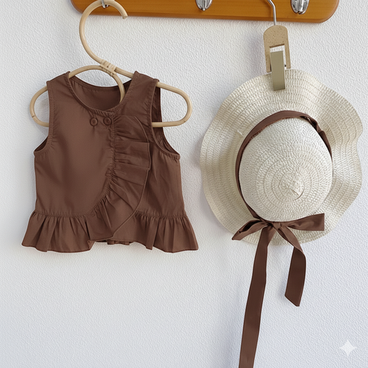 Toddler brown ruffle sleeveless top on wooden hanger and beige sunhat with brown ribbon hanging on wall hooks