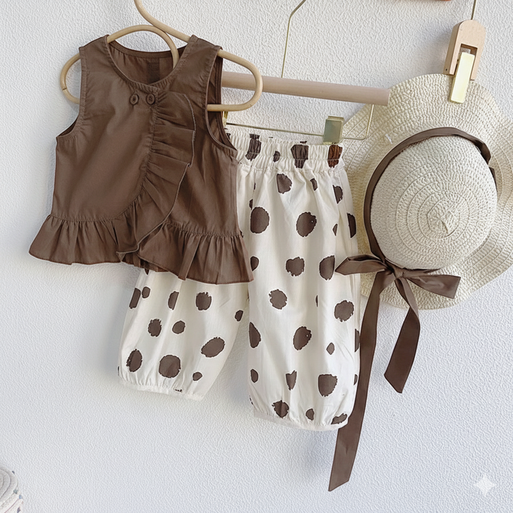 Girls Sleeveless Doll Shirt + Wide-Legged Pants + Hat 3-Piece Fashion Suit Set β Chic & Comfortable