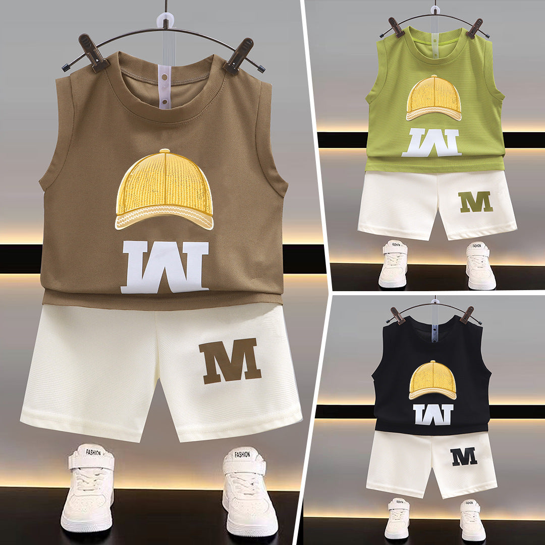 Boys’ Sleeveless Vest Set – 2-Piece Cartoon Shirt and Shorts Outfit