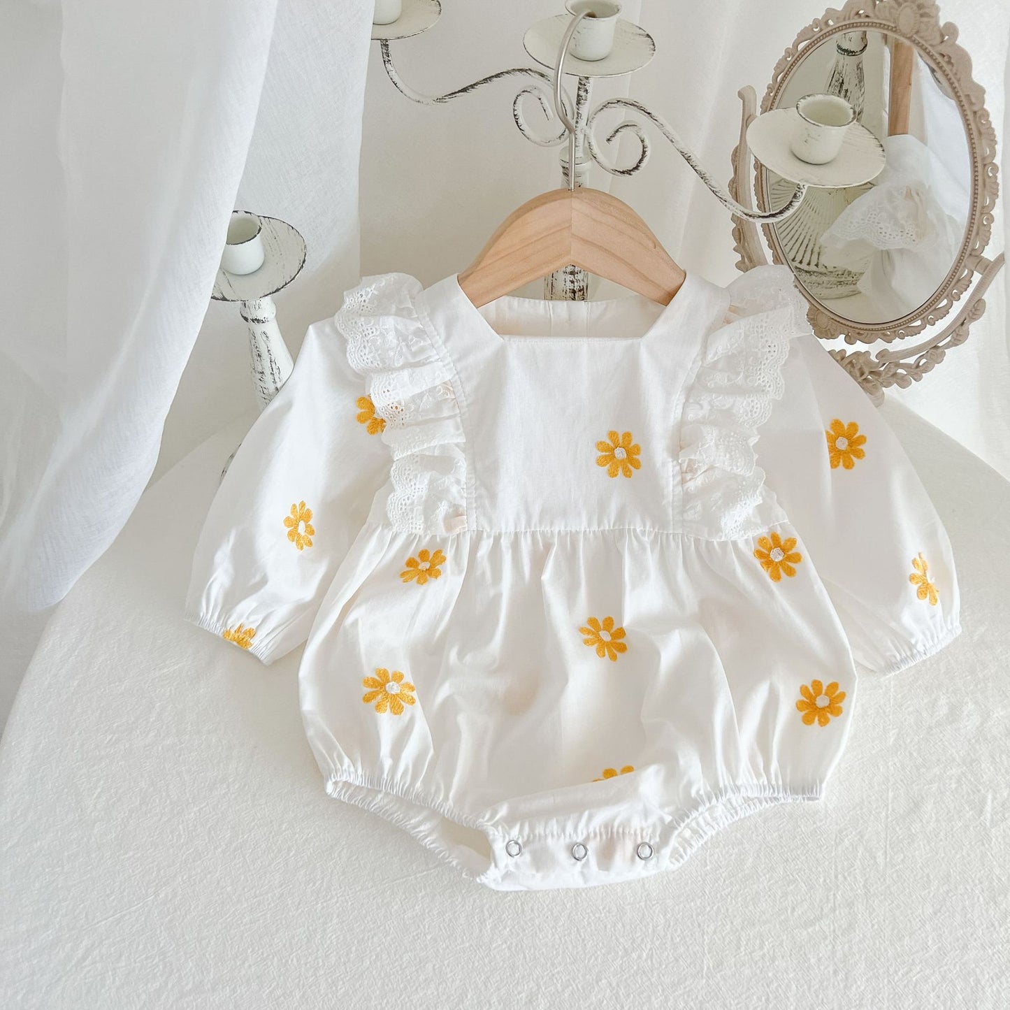 Daisies Embroidered Long Sleeve Romper — Delicate, Cozy & Full of Sweet Details