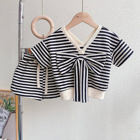 Girls’ 2-Piece Summer Set – Bow Accent Top & Striped Shorts