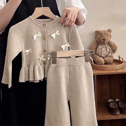 Girls Long-Sleeved Knitted Cardigan Two-Piece Suit