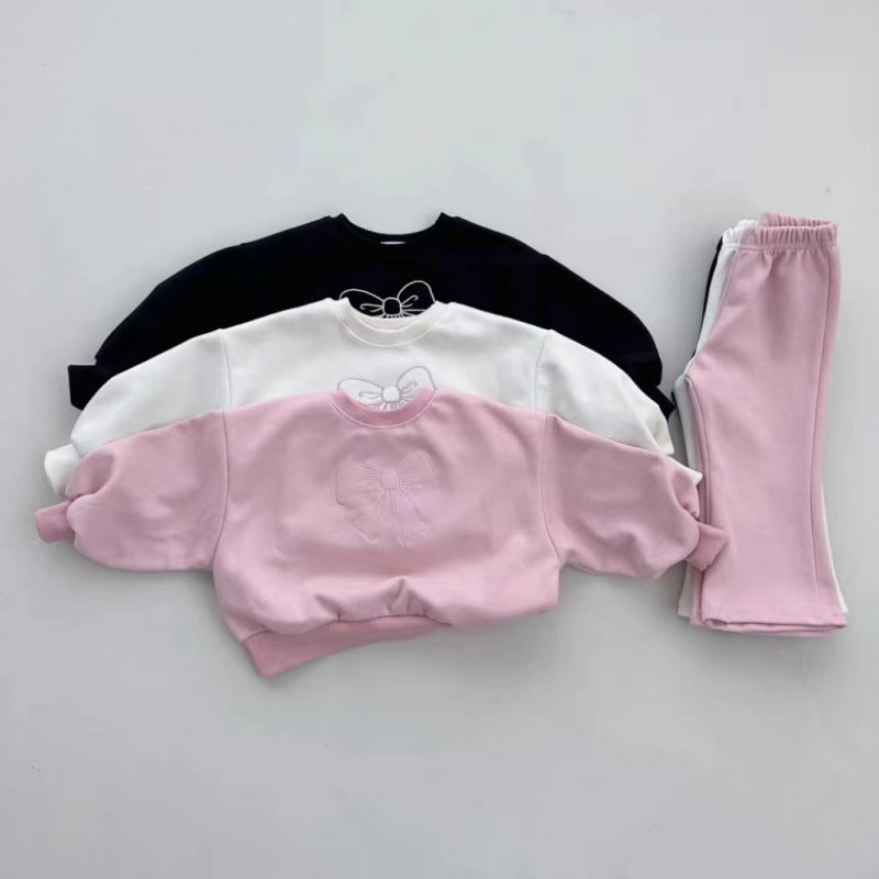 Girls Spring Bowknot Sweater & Bell-Bottom Pants 2-Piece Set