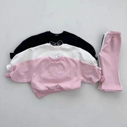 Girls Spring Bowknot Sweater & Bell-Bottom Pants 2-Piece Set