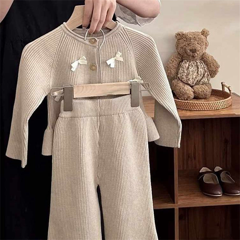Girls Long-Sleeved Knitted Cardigan Two-Piece Suit