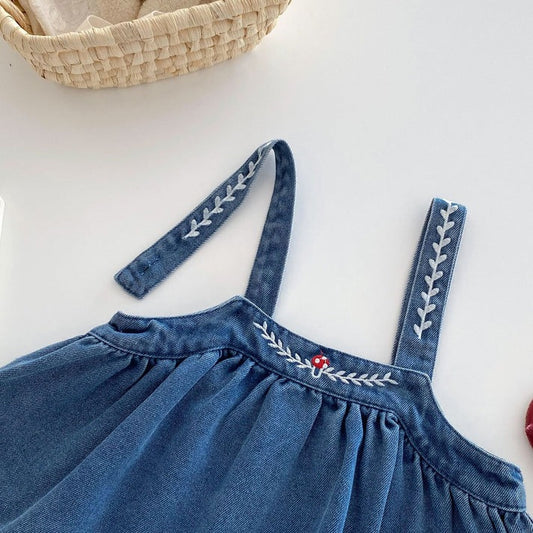 Valentina Embroidered Girls Top and Dress Set cotton top and a denim dress, very elegant with a collar