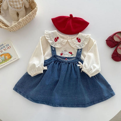 Valentina Embroidered Girls Top and Dress Set cotton top and a denim dress, very elegant with a collar