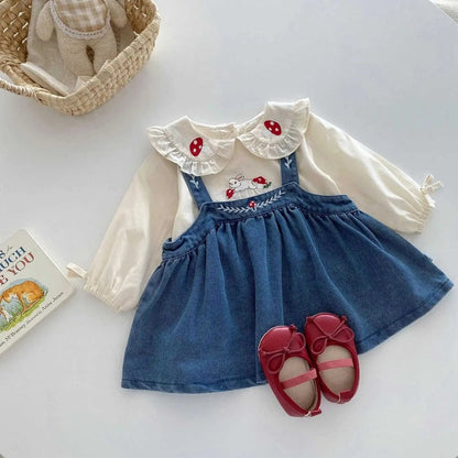 Valentina Embroidered Girls Top and Dress Set cotton top and a denim dress, very elegant with a collar