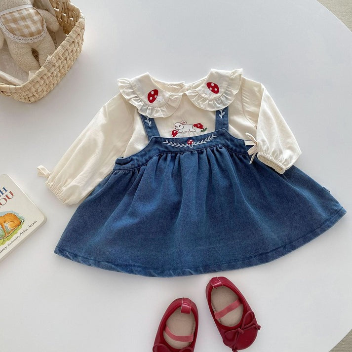 Valentina Embroidered Girls Top and Dress Set cotton top and a denim dress, very elegant with a collar