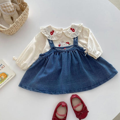 Valentina Embroidered Girls Top and Dress Set cotton top and a denim dress, very elegant with a collar