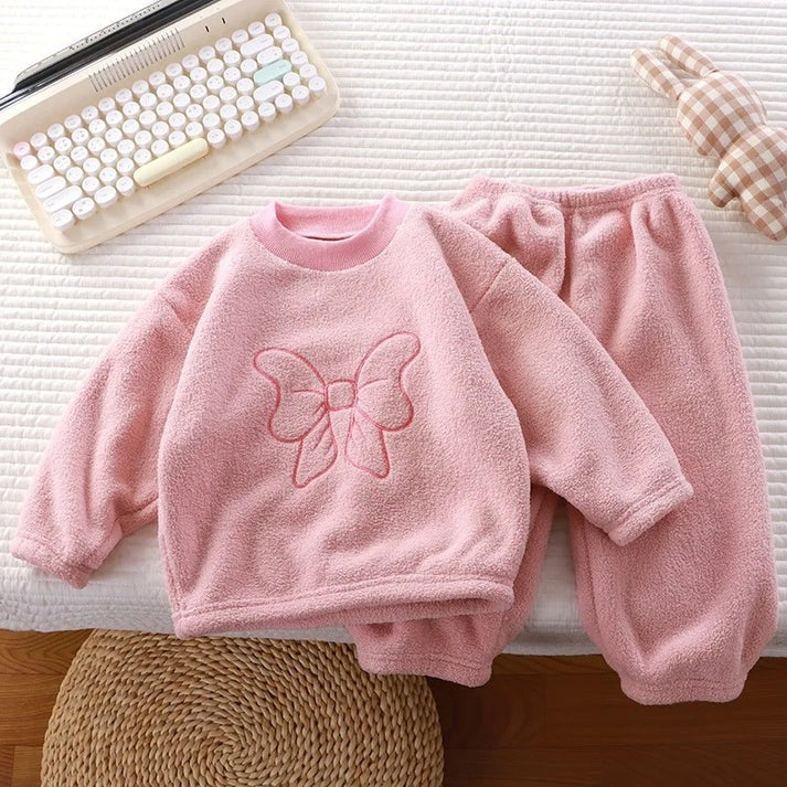Pastel Bow Girls Fleece Set for winter day wear or a night suit