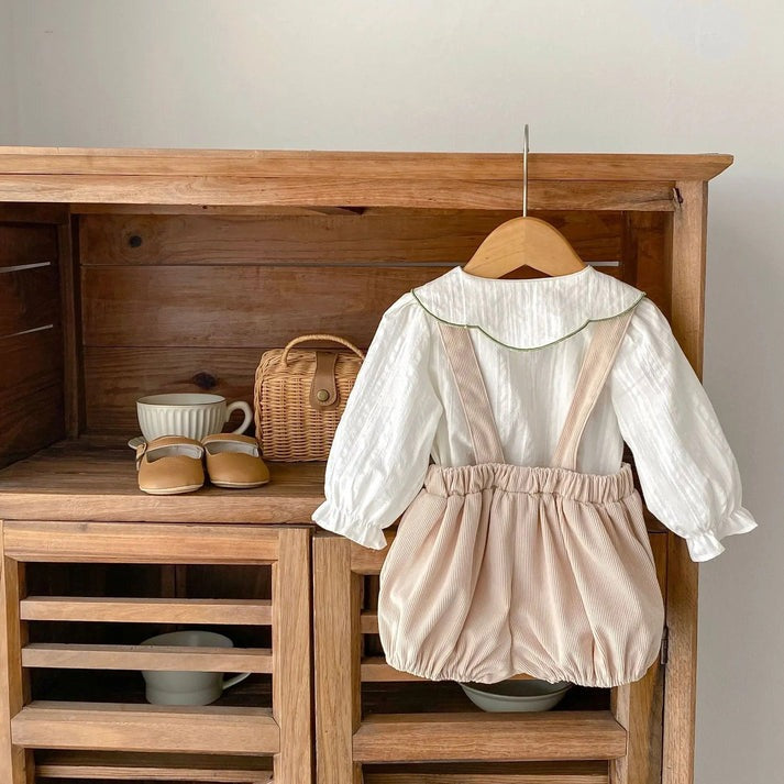 Daisy Dream Baby Girls Two Piece Suspender Set, cotton, full sleeves, very elegant with a collar