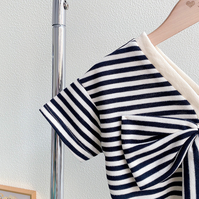 Girls’ 2-Piece Summer Set – Bow Accent Top & Striped Shorts