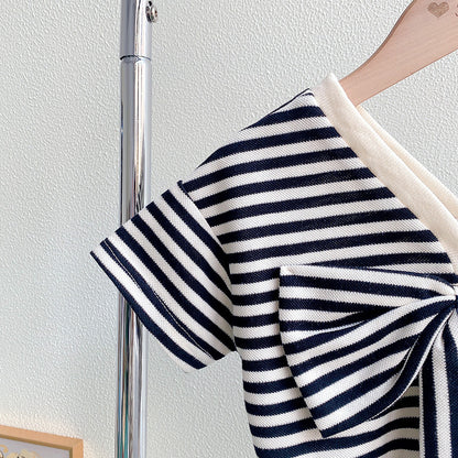 Girls’ 2-Piece Summer Set – Bow Accent Top & Striped Shorts