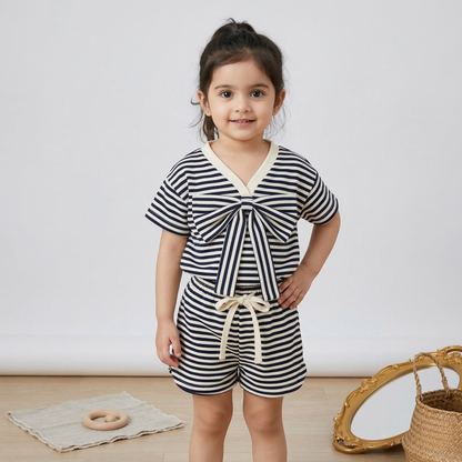 Girls Bow Accent Top & Striped Shorts Cotton Set