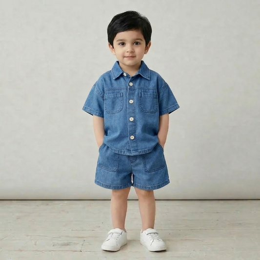 Short Sleeve Denim Pocket Shirt & Shorts Set