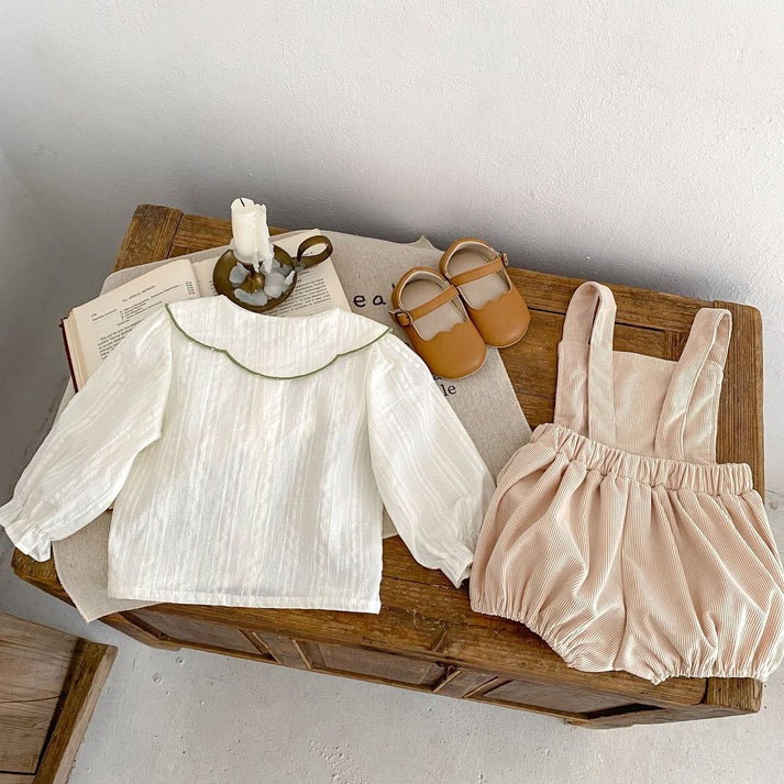 Daisy Dream Baby Girls Two Piece Suspender Set, cotton, full sleeves, very elegant with a collar