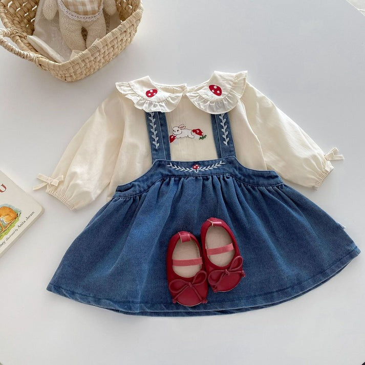 Valentina Embroidered Girls Top and Dress Set cotton top and a denim dress, very elegant with a collar