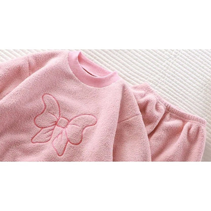 Pastel Bow Girls Fleece Set for winter day wear or a night suit