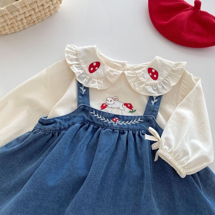 Valentina Embroidered Girls Top and Dress Set cotton top and a denim dress, very elegant with a collar