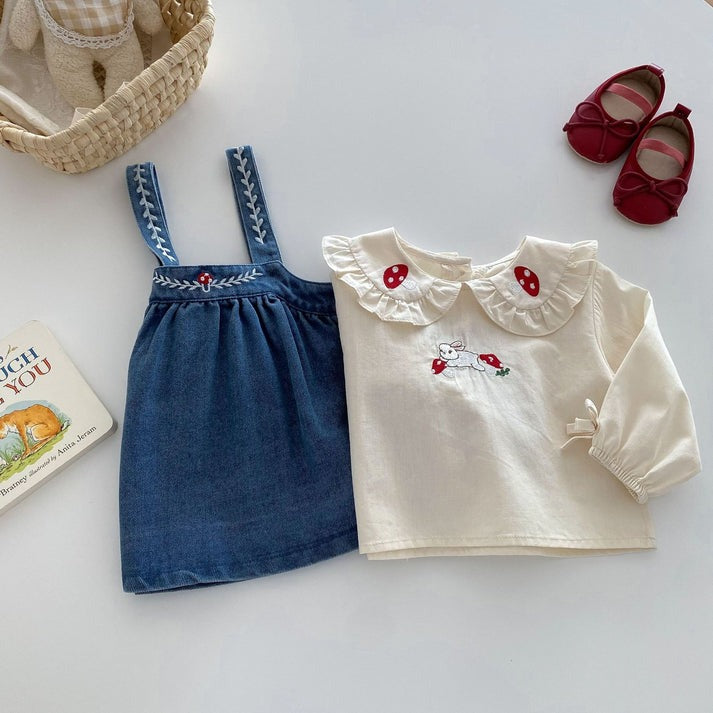 Valentina Embroidered Girls Top and Dress Set cotton top and a denim dress, very elegant with a collar