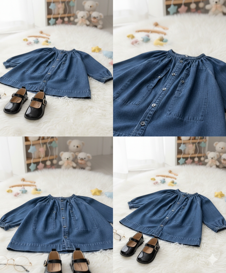 Girls Stand Collar Washed Denim Princess Dress