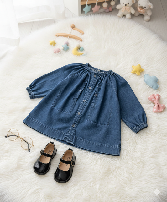 Girls Stand Collar Washed Denim Princess Dress