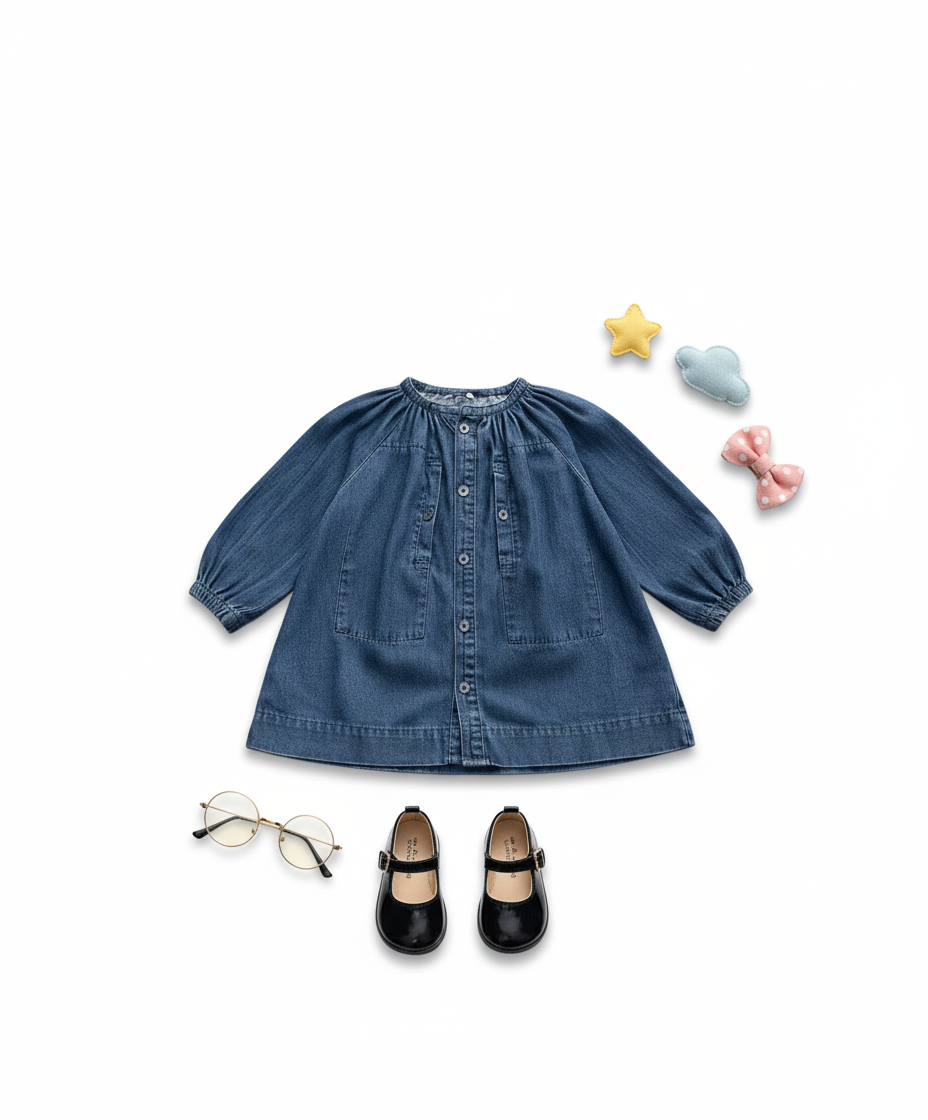 Girls Stand Collar Washed Denim Princess Dress