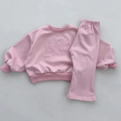 Girls Spring Bowknot Sweater & Bell-Bottom Pants 2-Piece Set