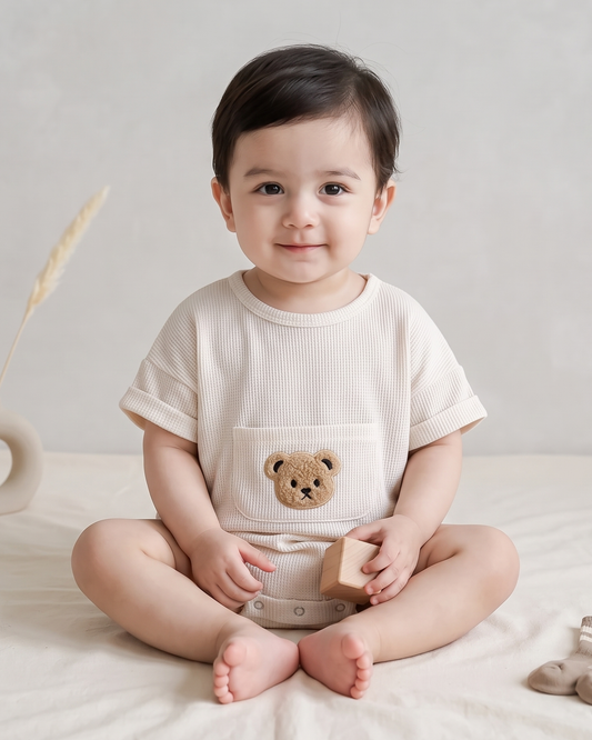 Cute Bear - Waffle One-Piece Boys Girls Short Sleeve Cotton Romper