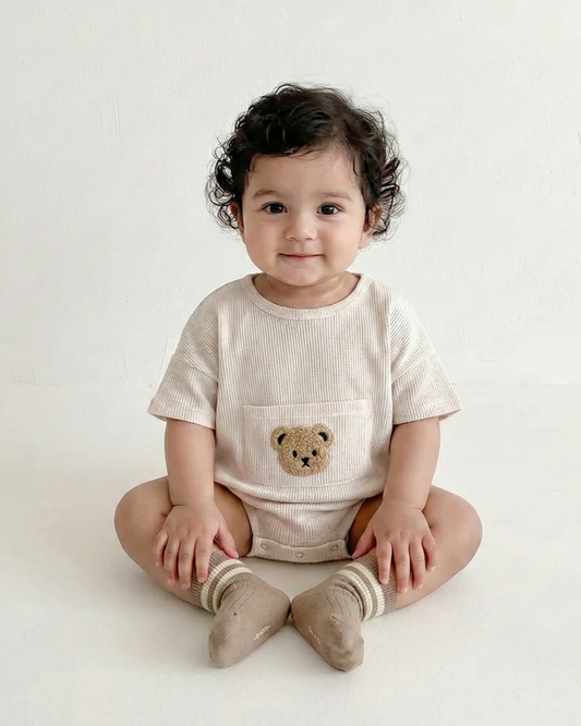 Waffle Infant One-Piece Boys Bear Short Sleeve Romper