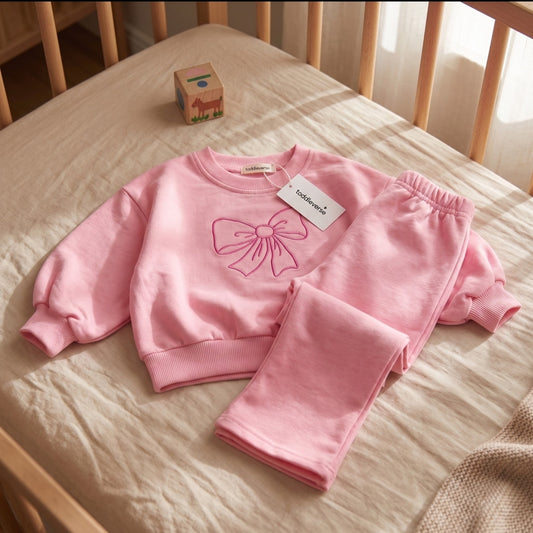 Girls' Ribbed Knit Bow Top & Flared Pant Set 100% Cotton
